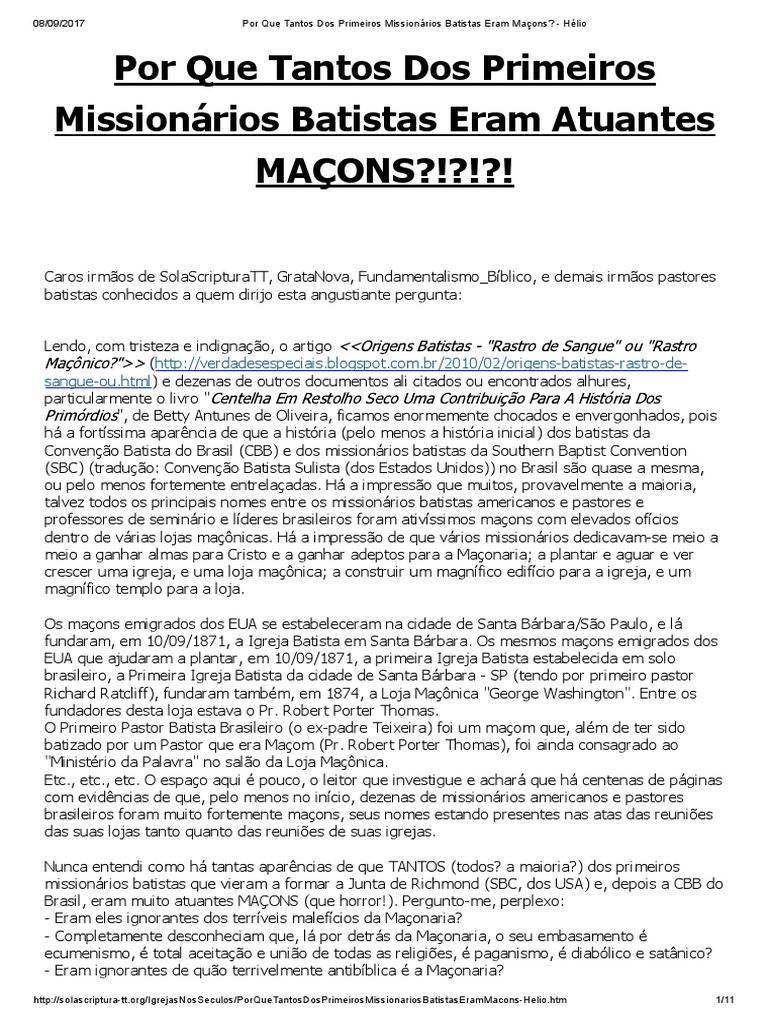 Por Que Tantos Dos Primeiros Missionários Batistas Eram Maçons - Hélio ...