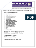 Department of Mechanical Engineering: Name of The Laboratory: Manufacturing Technology Lab List of Major Equipments