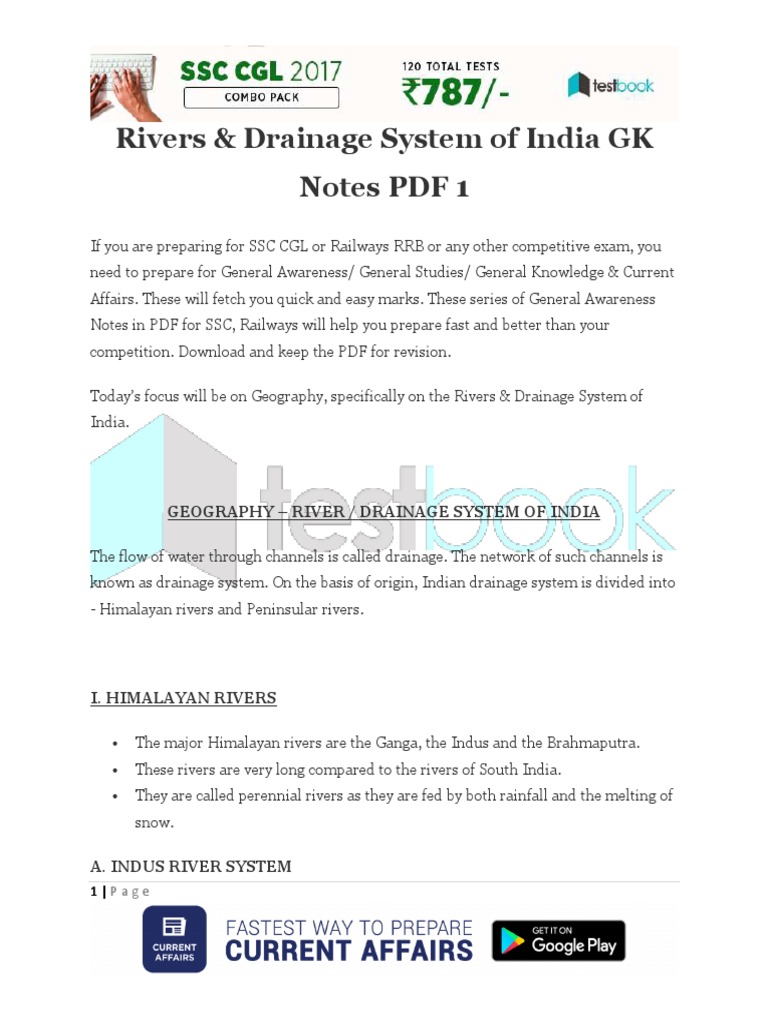 Rivers Drainage System of India GK Notes PDF 1 | Download Free PDF ...