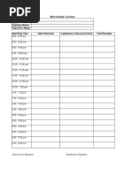 Work Activity Log Sheet Department: Date: Employee Name: Supervisor Name: Start/Stop Time Task Performed Equipment or Resources Used Final Remarks