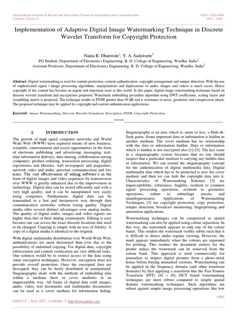 Implementation of Adaptive Digital Image Watermarking Technique in ...