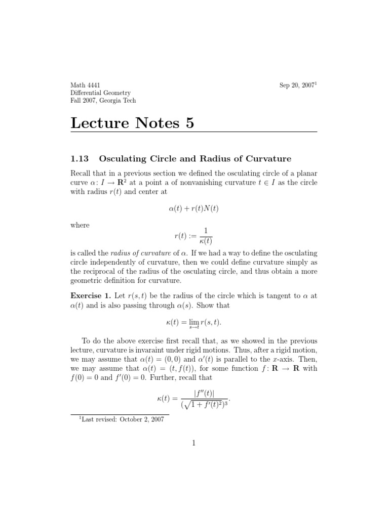 Differential Geometry Notes | PDF | Curvature | Circle