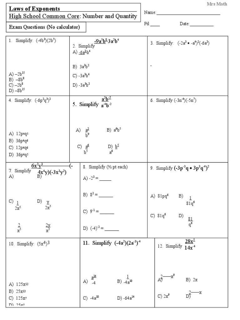 Laws of Exponents Practice Test | PDF | Teaching Mathematics ...