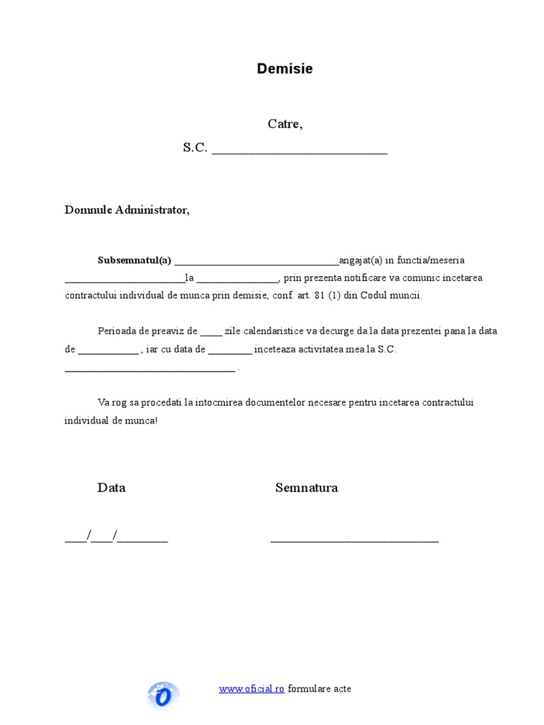 Cerere Demisie Cu Preaviz Doc