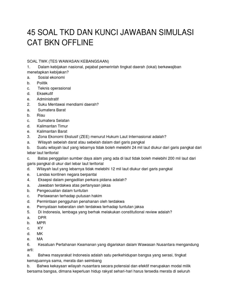 Soal Tkd Dan  Kunci  Jawaban  Simulasi  Cat  Bkn Offline Cpns 