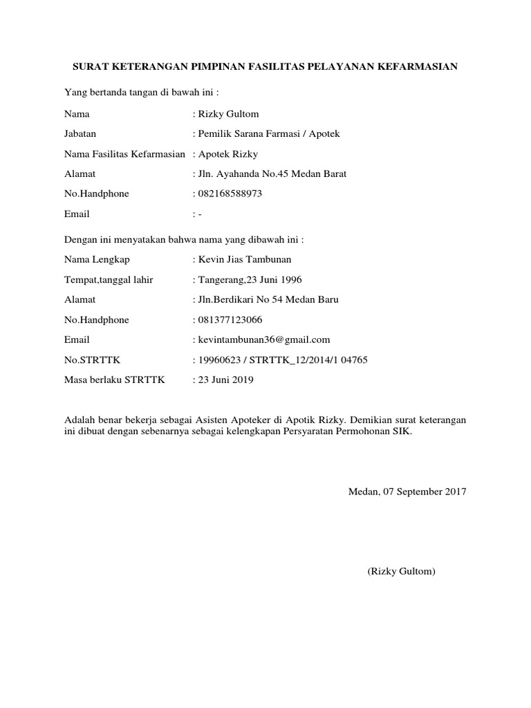 Surat Keterangan Pimpinan Fasilitas Pelayanan Kefarmasian Pdf