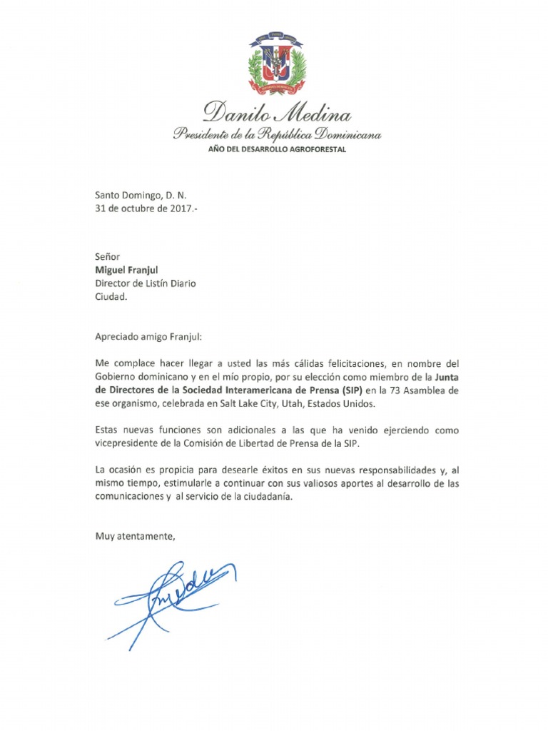 Carta de felicitación del presidente Danilo Medina a Miguel Franjul