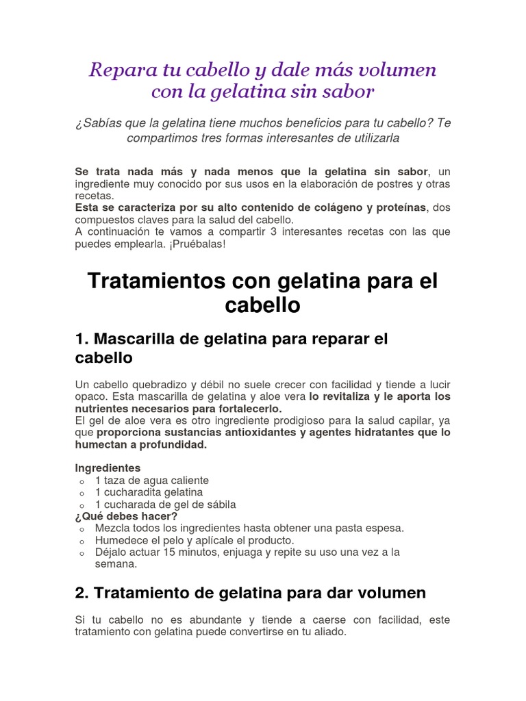 Repara Tu y Dale Más Volumen Con La Gelatina Sin Sabor | PDF | Gelatina | Champú