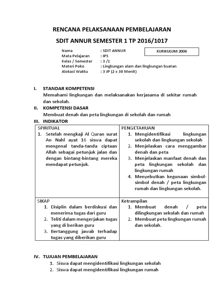 Rencana Pelaksanaan Pembelajaran Ips Kd 3 Denah Dan Lingkungan