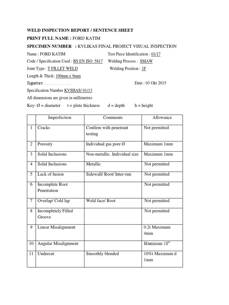 Weld Inspection Report Welding Engineering Tolerance
