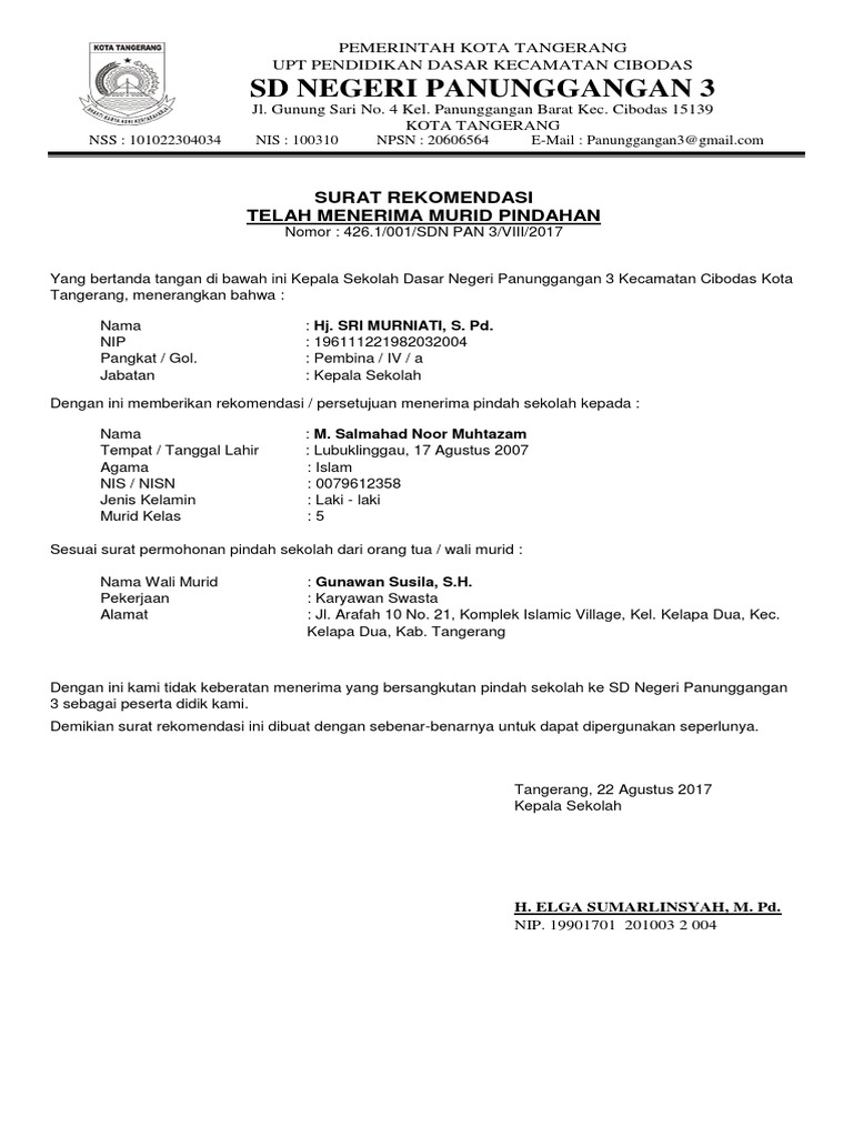 Surat Rekomendasi Penerimaan Siswa