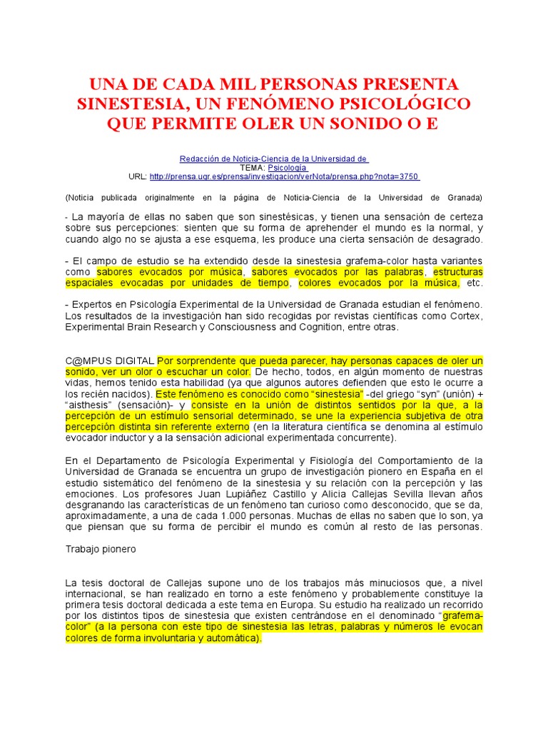 Sinestesia PDF Psicología experimental Percepción