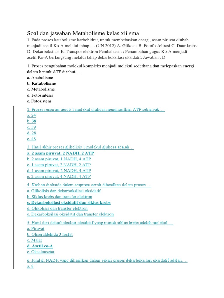 Soal Dan Jawaban Metabolisme Kelas Xii Sma