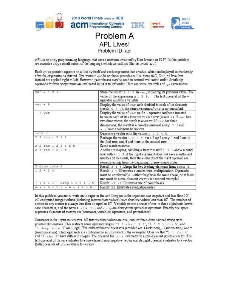 2010 World Final Problem Set | PDF | Apl (Programming Language) | Array ...