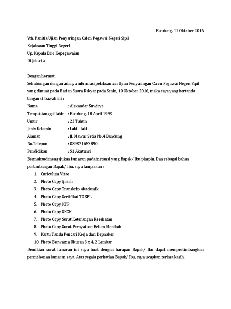 Contoh Surat Lamaran Kejaksaan Agung