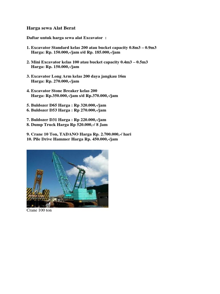 Harga Sewa Alat Berat