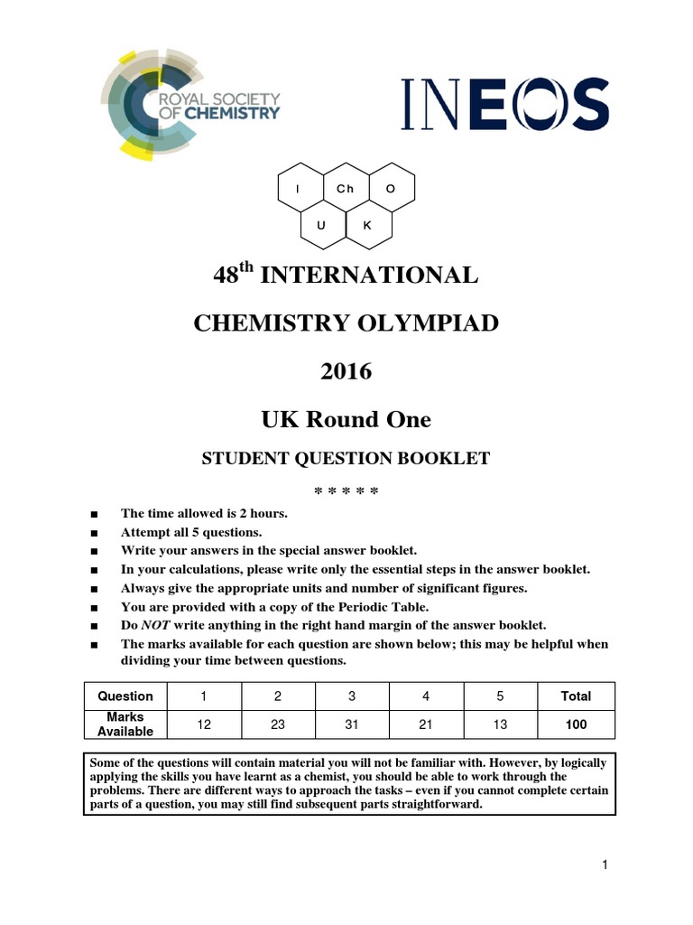 UK Chemistry Olympiad Round 1 Question Paper 2016 Tungsten Oxide