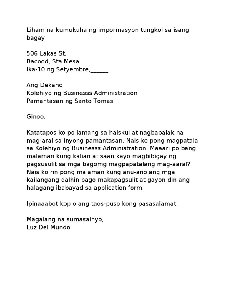 Liham Pagbati Halimbawa - fasrjt