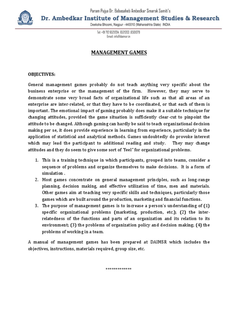 Management Games: Objectives | PDF