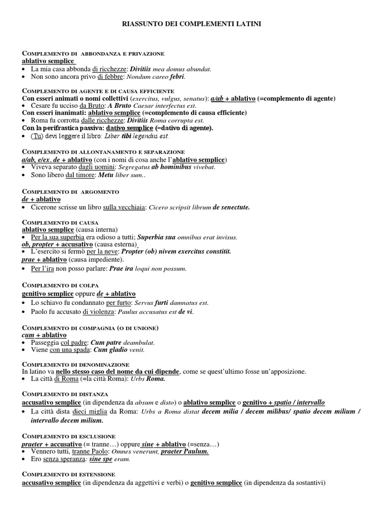 Riassunto Dei Complementi Latini | PDF