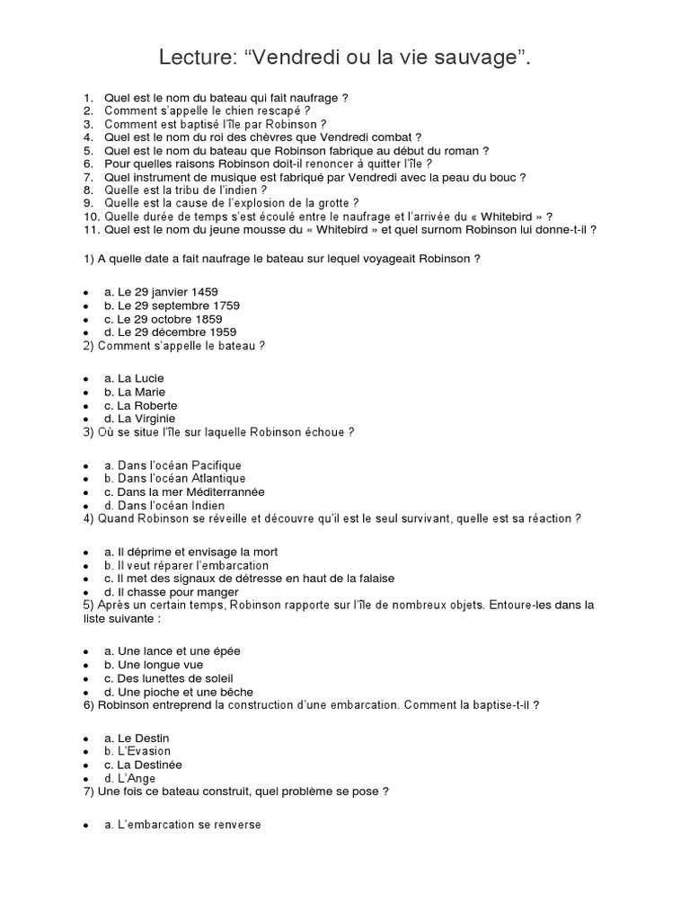 Questionnaire Vendredi Ou La Vie Sauvage Chapitre Par Chapitre