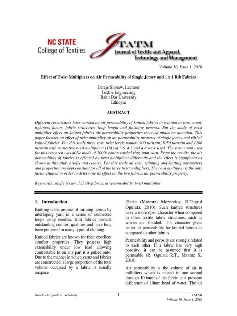 Effect of Twist Multiplier On Air Permeability of Single Jersey and 1x1 Rib Fabrics PDF