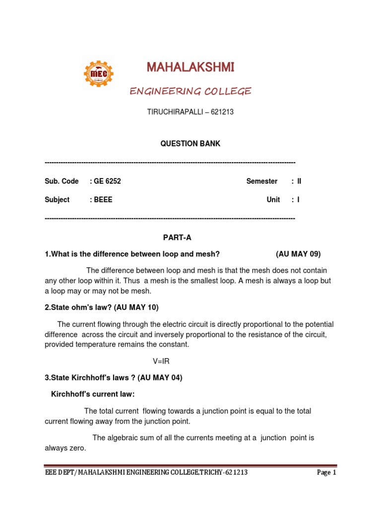 BEEE Question Bank for Engineering Students | PDF | Inductance | Ac Power