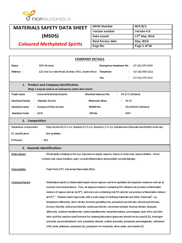 MSDS Coloured Methylated Spirits Dangerous Goods Ethanol