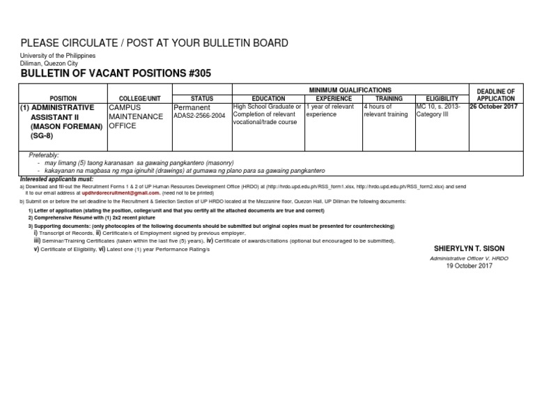 Bulletin of Vacant Positions #305: Please Circulate / Post at Your ...