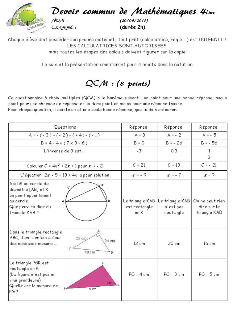 épreuve Commune 4ème Francais Avec Correction Pdf 4eme Devoir Commun Maths | PDF | Triangle | Cercle