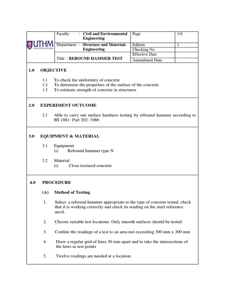 Rebound Hammer Lab Sheet PDF Hammer Concrete