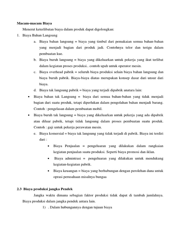 Macam macam Biaya Produksi Macam macam Biaya Produksi
