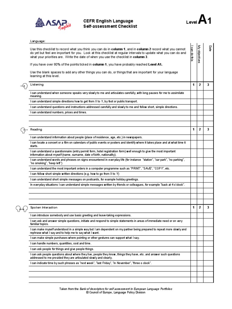 Cefr Self Assessment Checklist Conversation Reading Comprehension