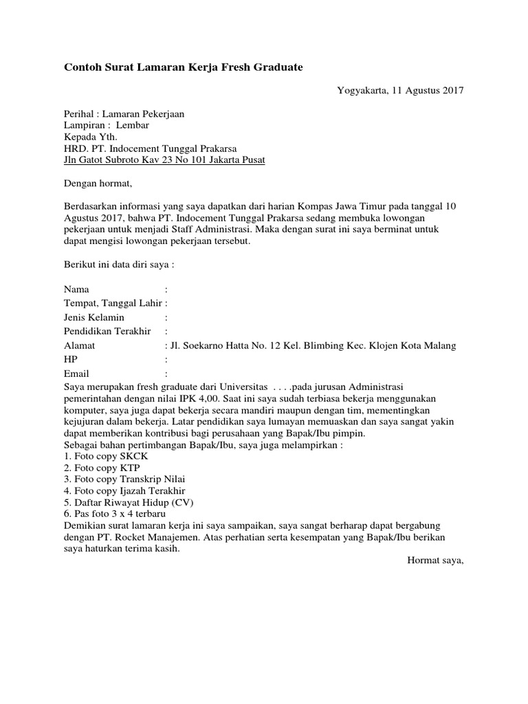 Download 66+ Contoh Surat Lamaran Kerja Fresh Graduate Gratis