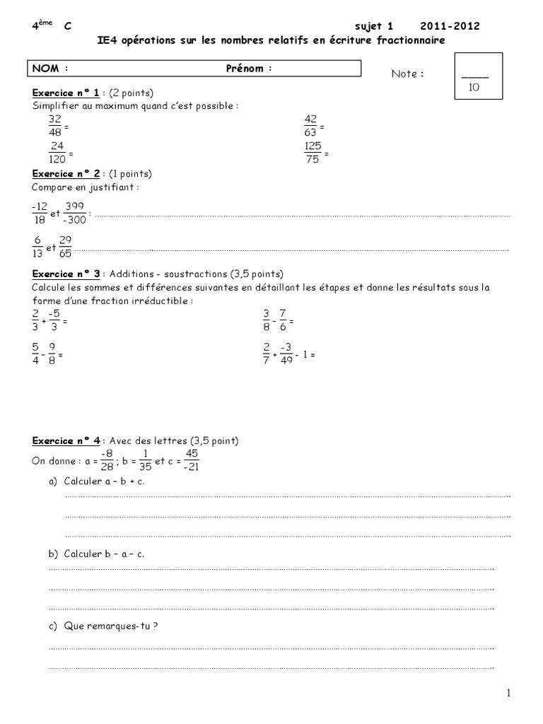 Controle Sur Les Nombres Relatifs 4eme