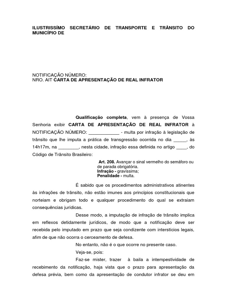 Carta de Apresentação Em Multa de Transito  Traffic  Virtue