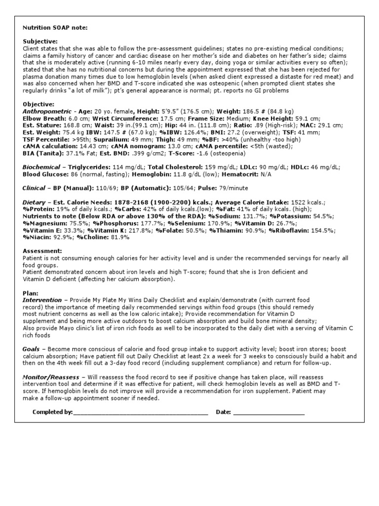 client soap note | Vitamin D | Body Mass Index