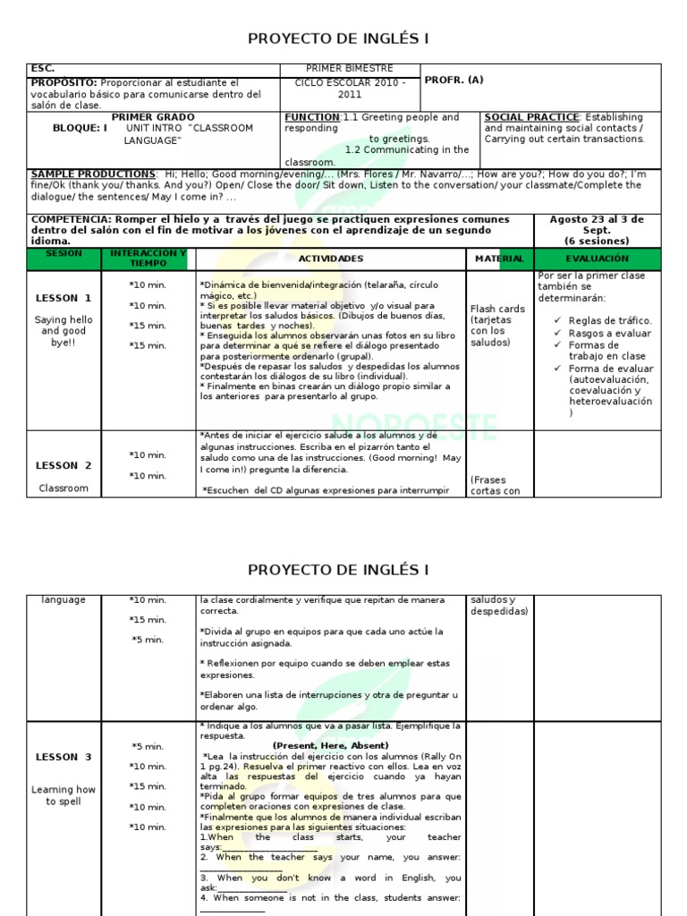 PLANEACIÓN INGLES 1° BLOQUE I