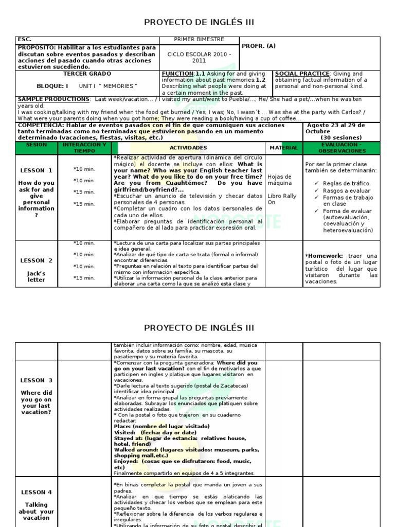 PLANEACIÓN INGLES 3° BLOQUE I