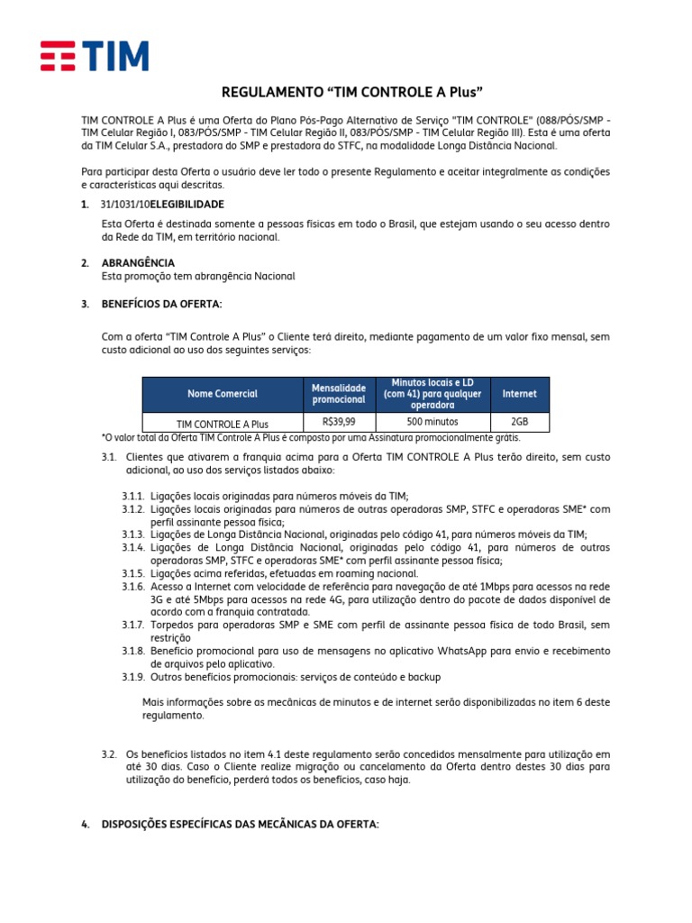 Regulamento Tim Controle A Plus, PDF, Celulares