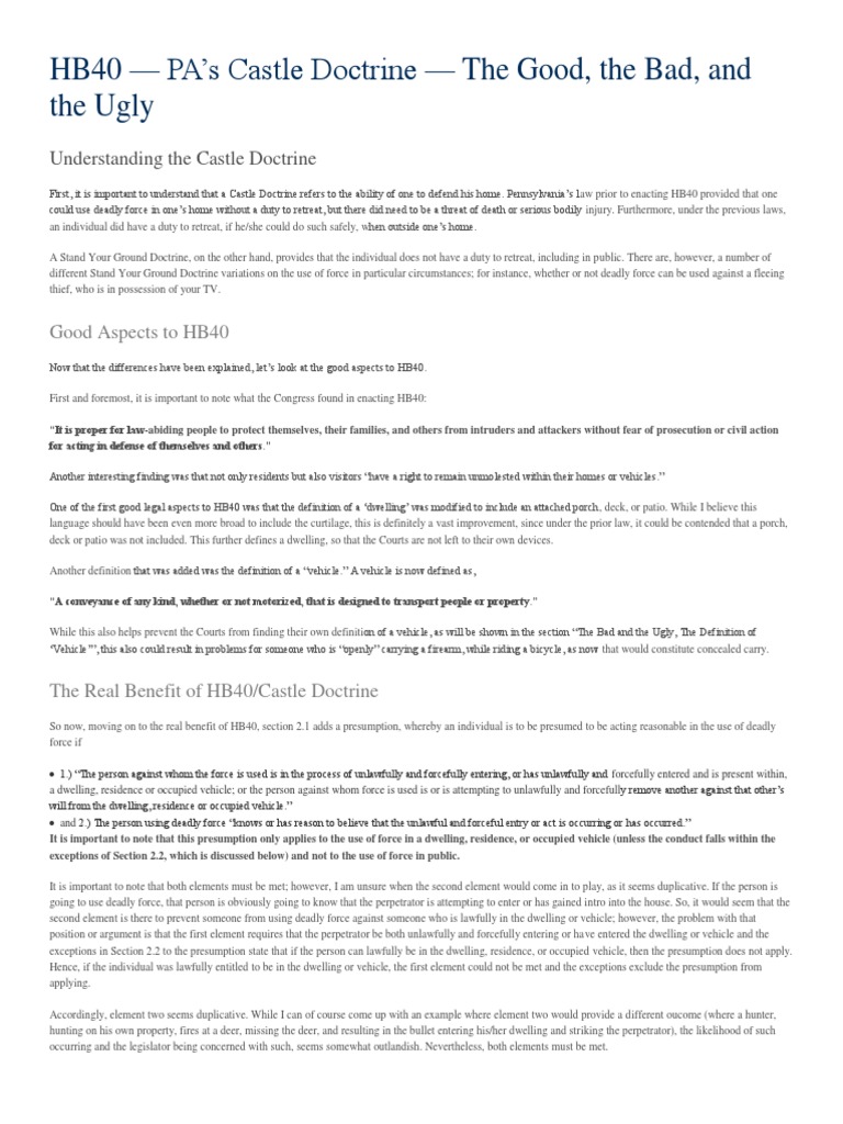 An Analysis of Pennsylvania's Castle Doctrine Law (HB40) Exploring the Good, the Bad, and the