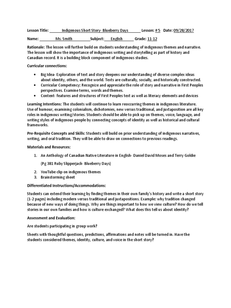 Blueberry Days: Indigenous Story Lesson | PDF | Brainstorming | Narrative
