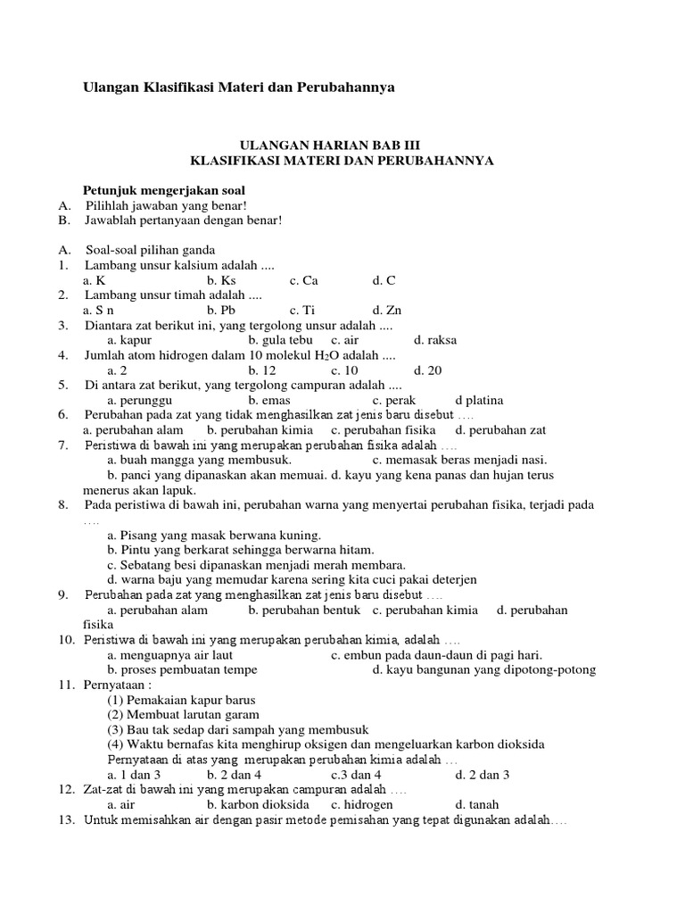 Soal Ipa Kelas 7 Klasifikasi Materi Dan Perubahannya