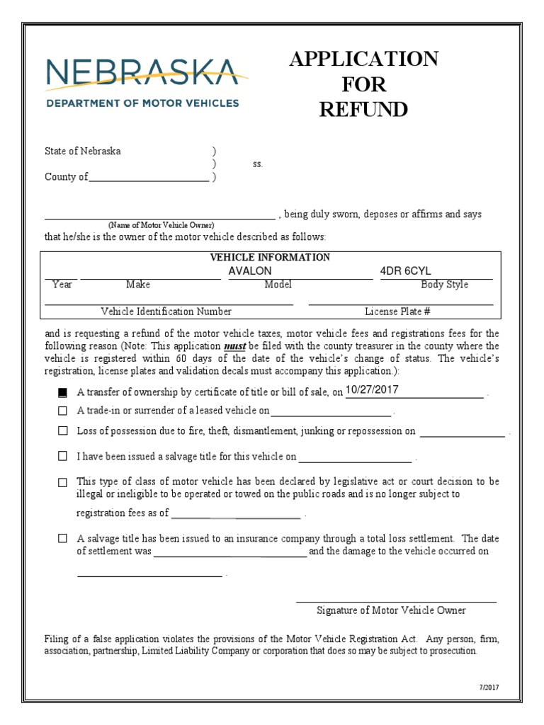 Application FOR Refund Avalon 4Dr 6cyl PDF Vehicle Registration Plate Vehicles