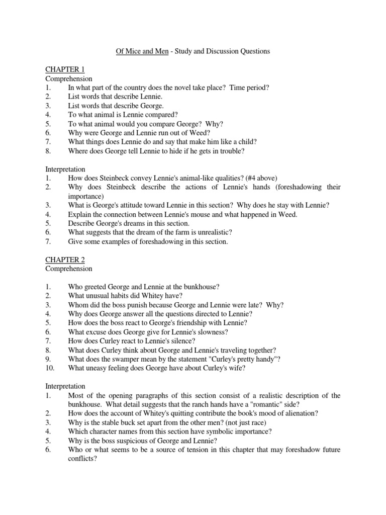 Of Mice and Men: Study Questions Guide | PDF | Mystery, Thriller ...