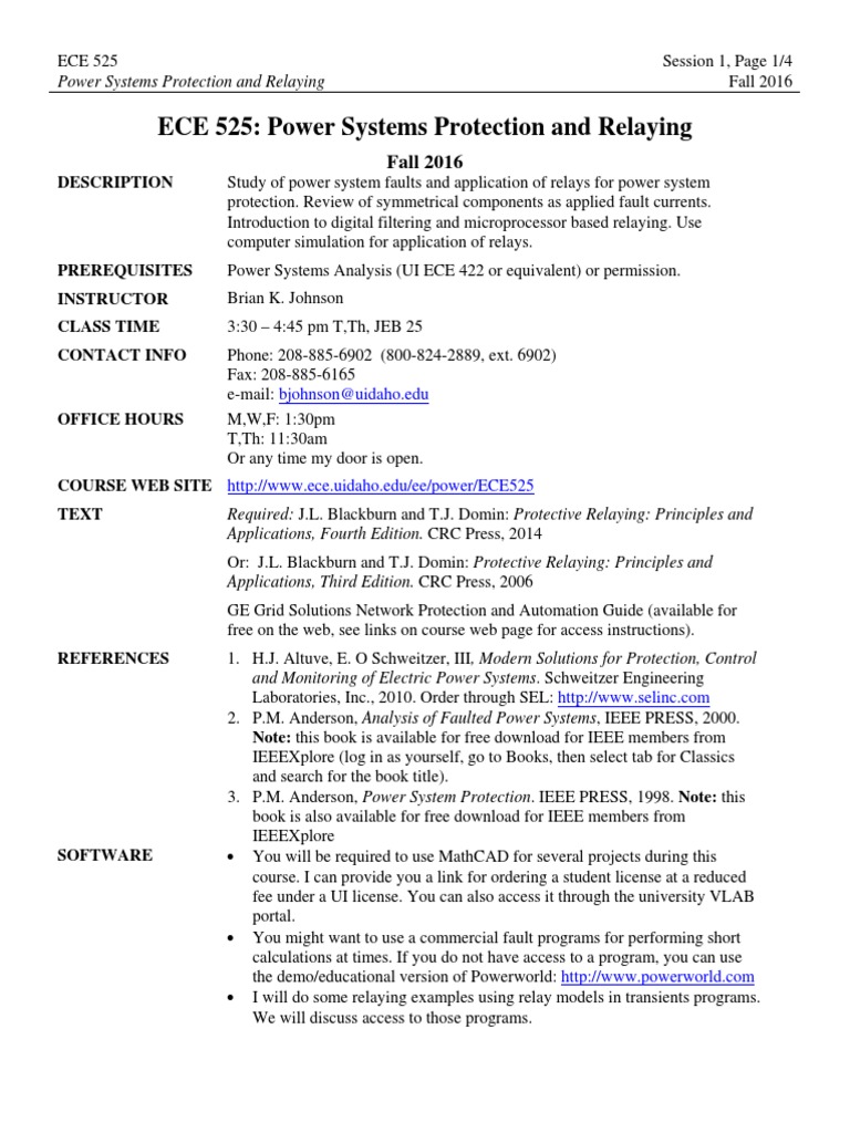 ECE 525 Power Systems Protection and Relaying Fall 2016 Download