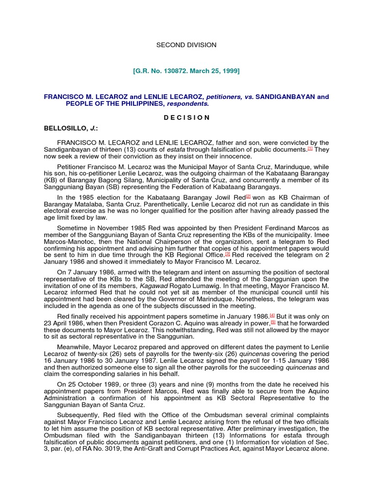 Francisco m lecaroz and lenlie lecaroz petitioners vs sandiganbayan
