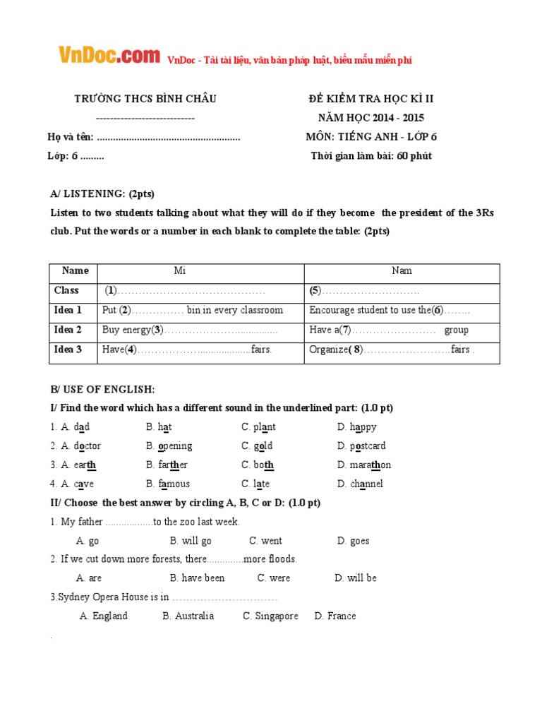 40 de Thi Hoc Ky 2 Mon Tieng Anh Lop 6 Co Dap An OK 15 de | PDF | Ho ...