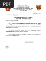 Certificate of Duty Status and Non-Pending Case: Admin File Control No. 2015-09-09-003