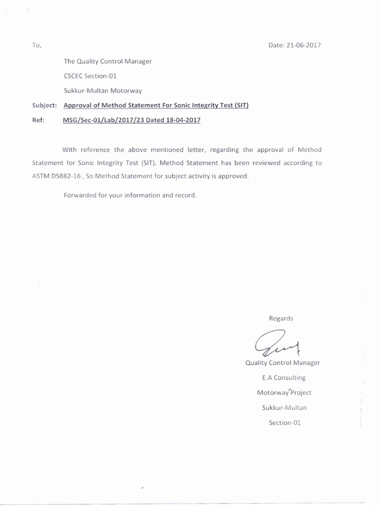 B CT Approval of Method Statement For Sonic Integrity Test (SIT) | PDF